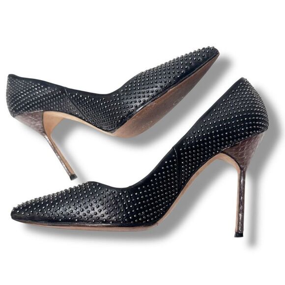 Manolo Blahnik Black Small Silver Studs Metallic Silver Snakeskin Heel Pump 36.5 - Picture 6 of 10